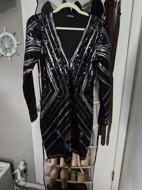 Express Black Sequin Long Sleeve V-Neck Dress with Silver Accents